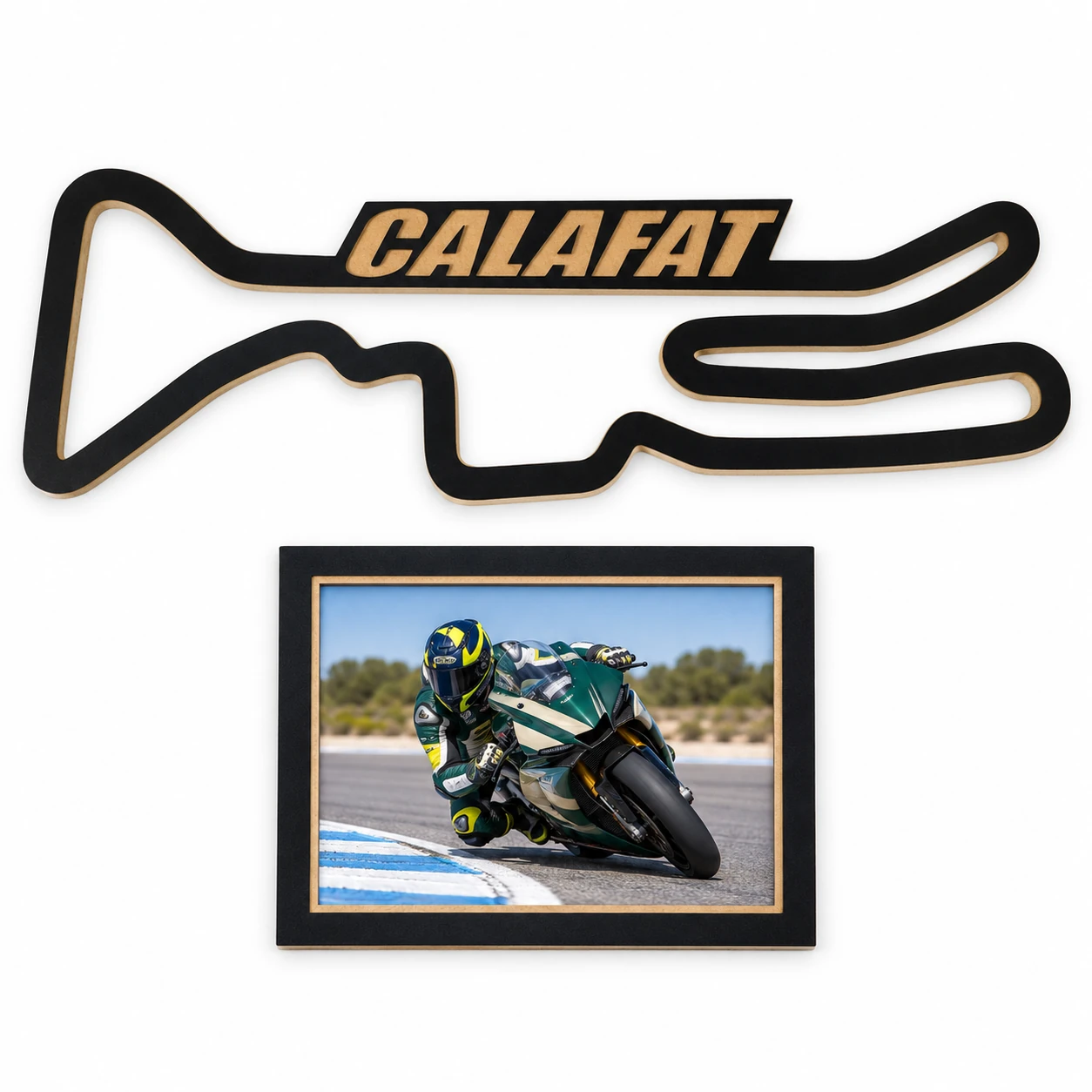 Circuito de Calafat en madera con marco para foto, vista frontal sobre fondo blanco