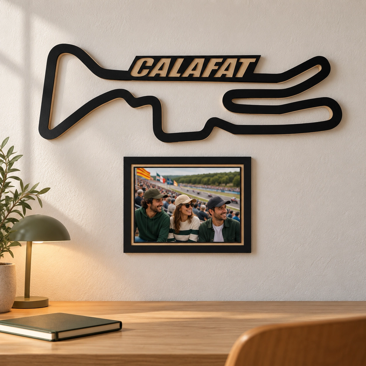 Circuito de Calafat en madera con marco para foto, decoración en pared de despacho