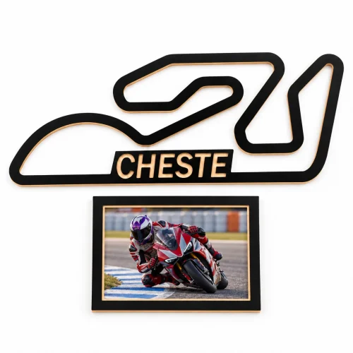Circuito de Cheste – Valencia en madera con marco para foto, vista frontal sobre fondo blanco