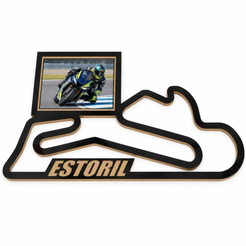 Circuito de Estoril en madera con marco para foto, vista frontal sobre fondo blanco