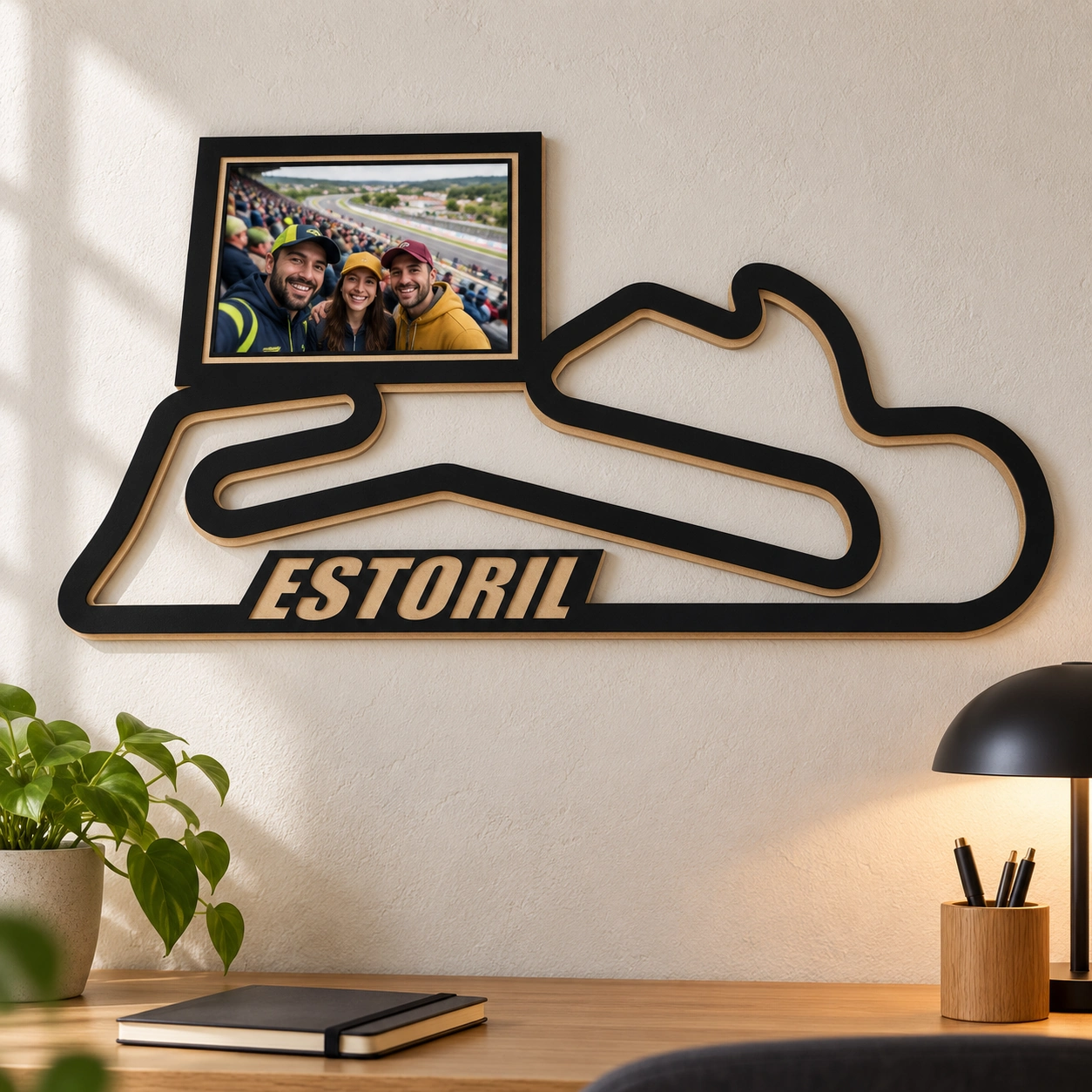 Circuito de Estoril en madera con marco para foto, decoración en pared de despacho