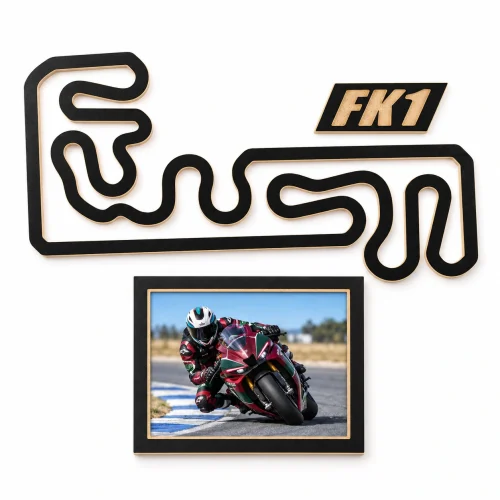 Circuito de FK1 – Villaverde de Medina en madera con marco para foto, vista frontal sobre fondo blanco