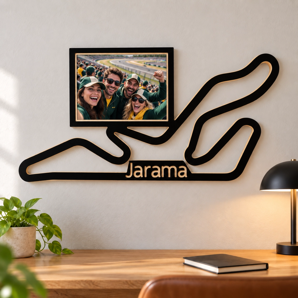 Circuito de Jarama en madera con marco para foto, decoración en pared de despacho