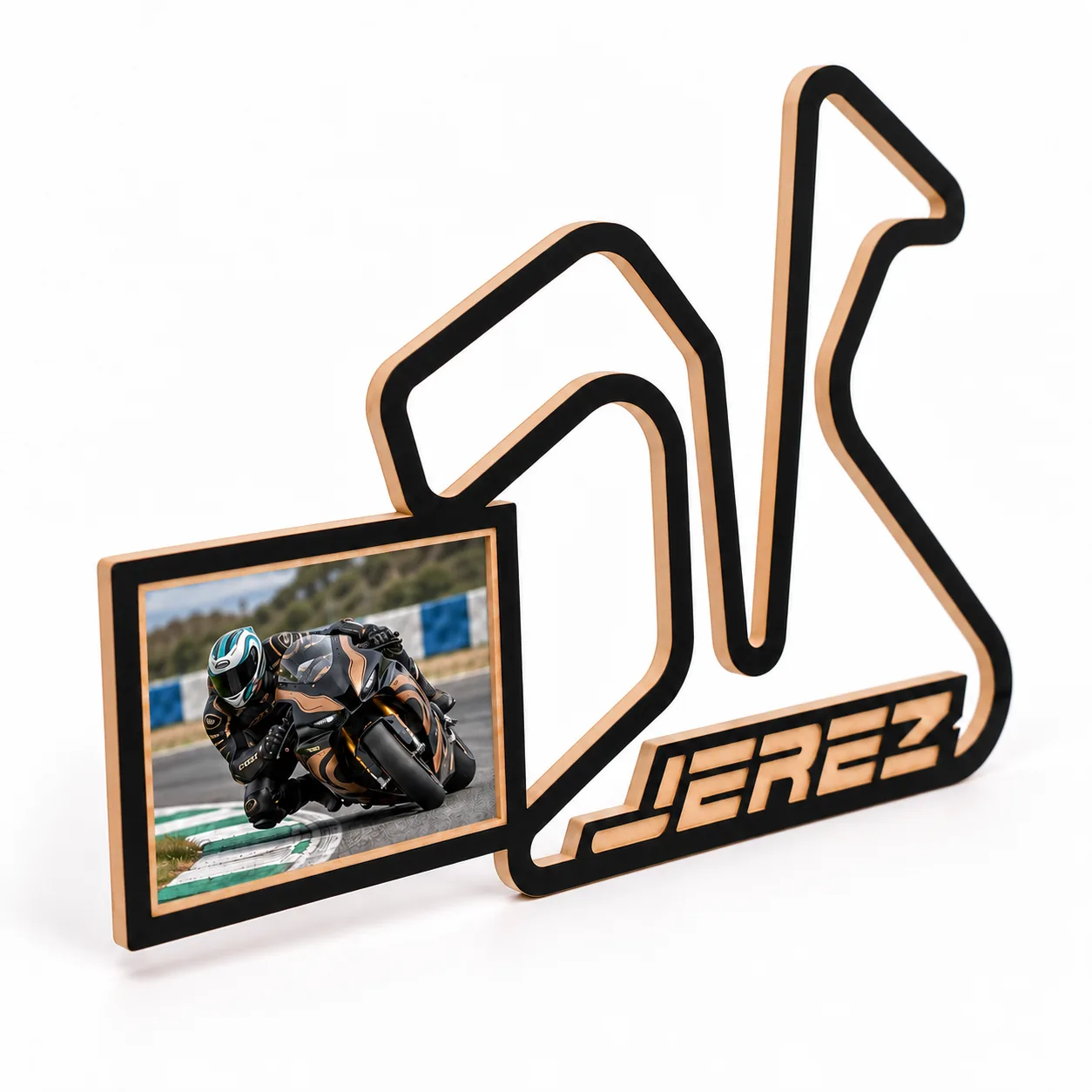 Circuito de Jerez en madera con marco para foto, vista lateral izquierda sobre fondo blanco