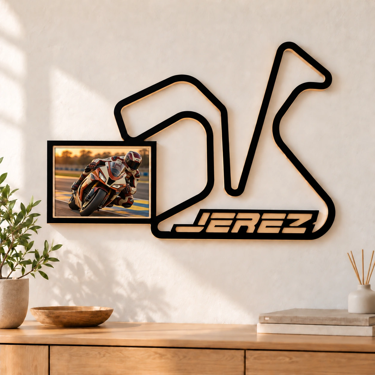 Jerez en madera con marco para foto como decoración de pared