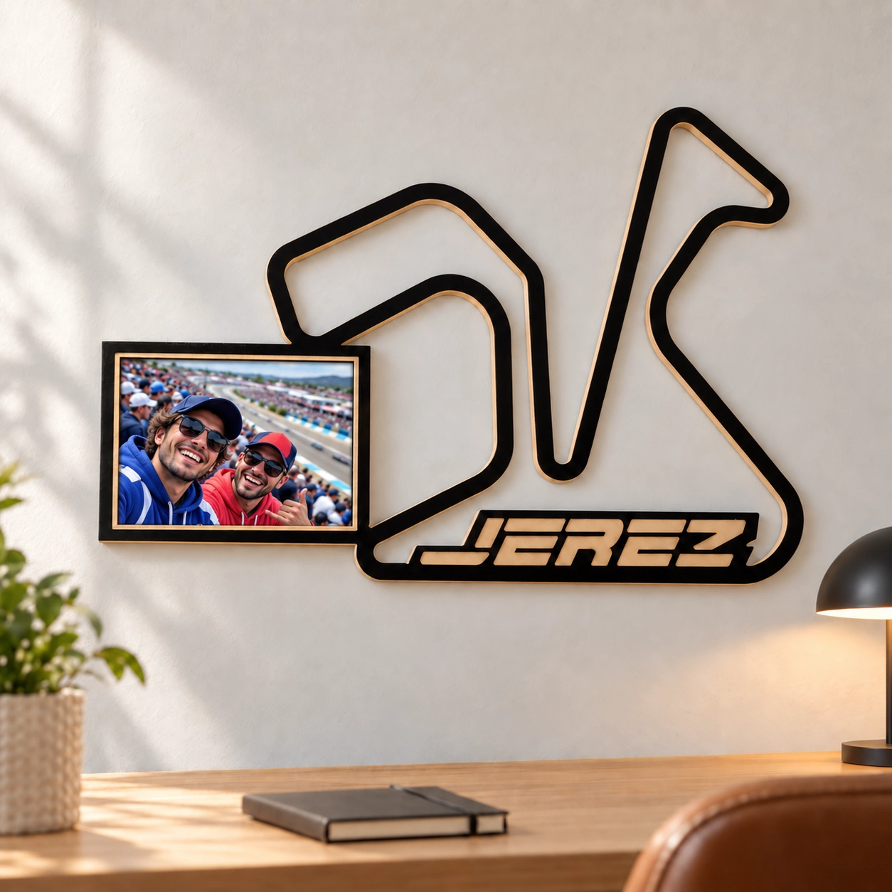 Circuito de Jerez en madera con marco para foto, decoración en pared de despacho