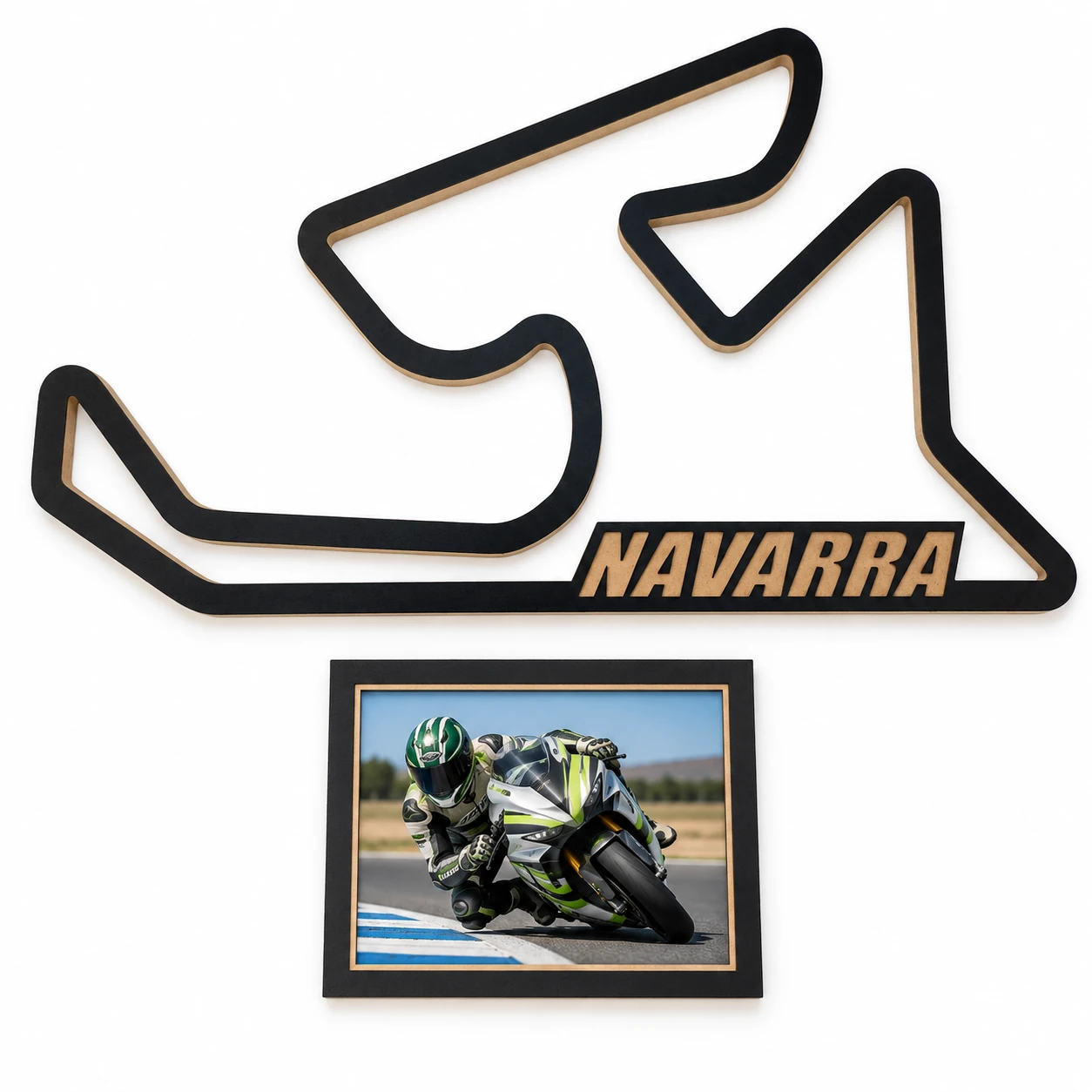Circuito de Los Arcos – Navarra en madera con marco para foto, vista frontal sobre fondo blanco