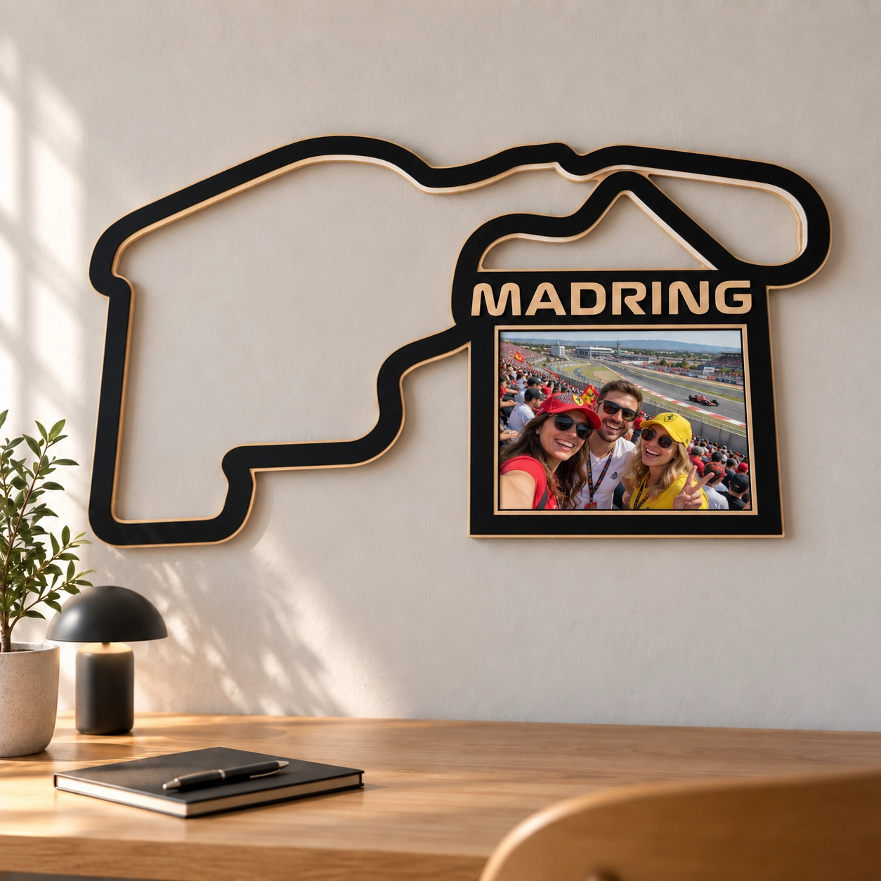 Circuito de Madring F1 en madera con marco para foto, decoración en pared de despacho