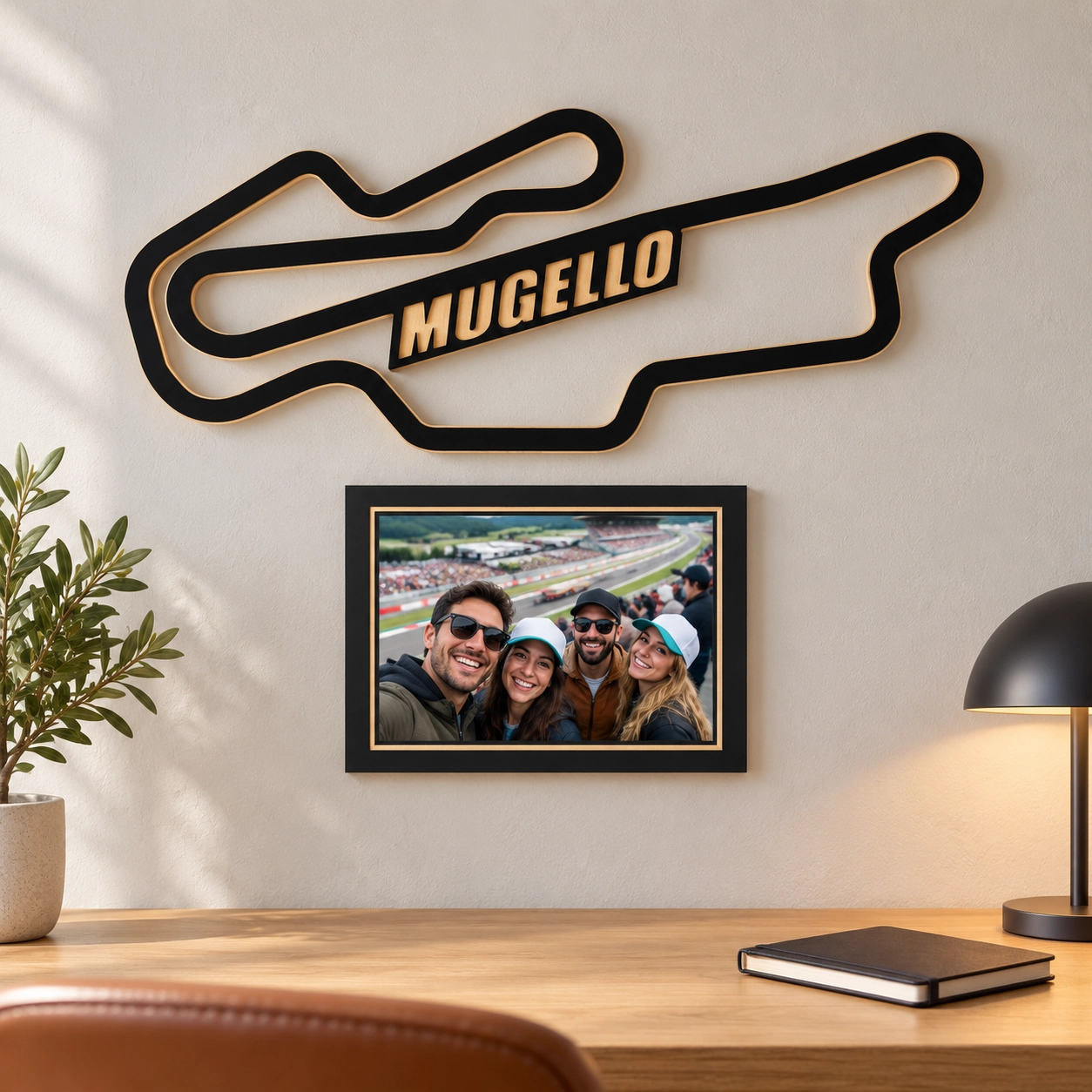 Circuito de Mugello en madera con marco para foto, decoración en pared de despacho