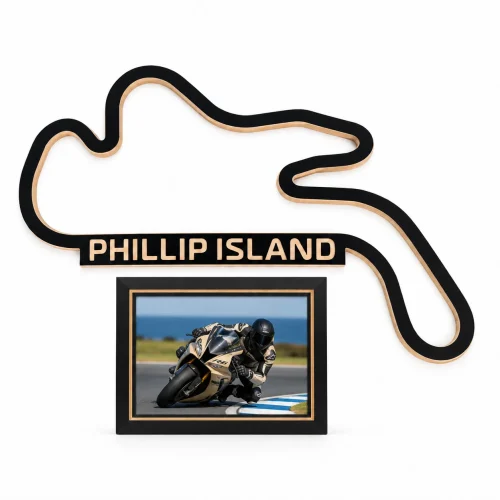 Circuito de Phillip Island en madera con marco para foto, vista frontal sobre fondo blanco