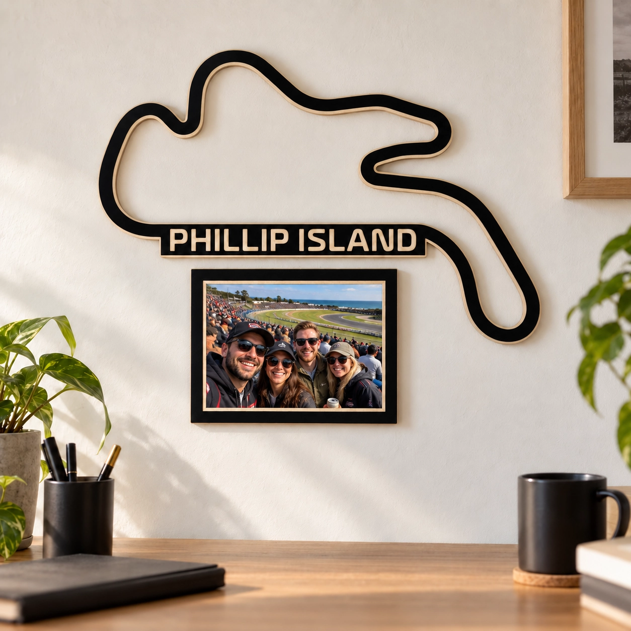 Circuito de Phillip Island en madera con marco para foto, decoración en pared de despacho